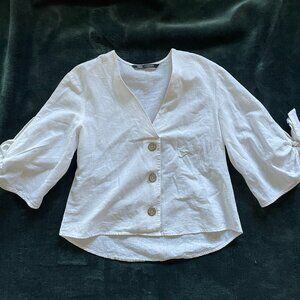 Zara White Linen V Neck Blouse Buttons